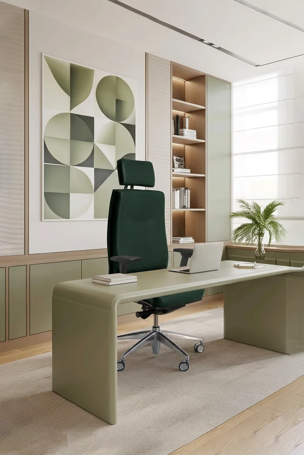 Fauteuil du bureau ergonomique King Edgard vert en cuire dans un espace de travail moderne &agrave; la d&eacute;coration inspir&eacute;e de la nature. Pens&eacute; et con&ccedil;u dans les ateliers de chez Navailles, France.