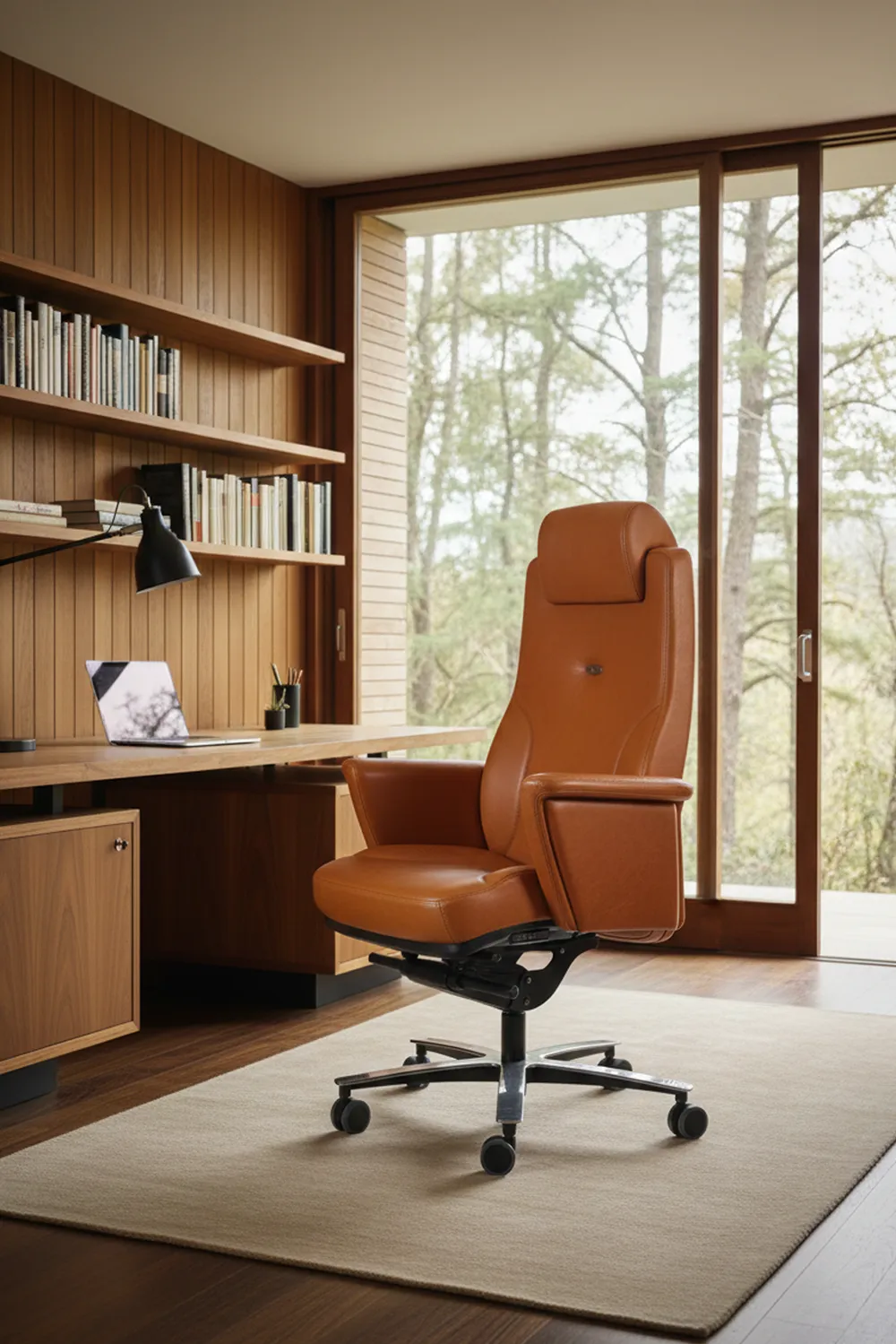 Lead Ernest +, fauteuil de direction en cuir marron dans un bureau moderne.. Fabrication Navailles Manufactures.