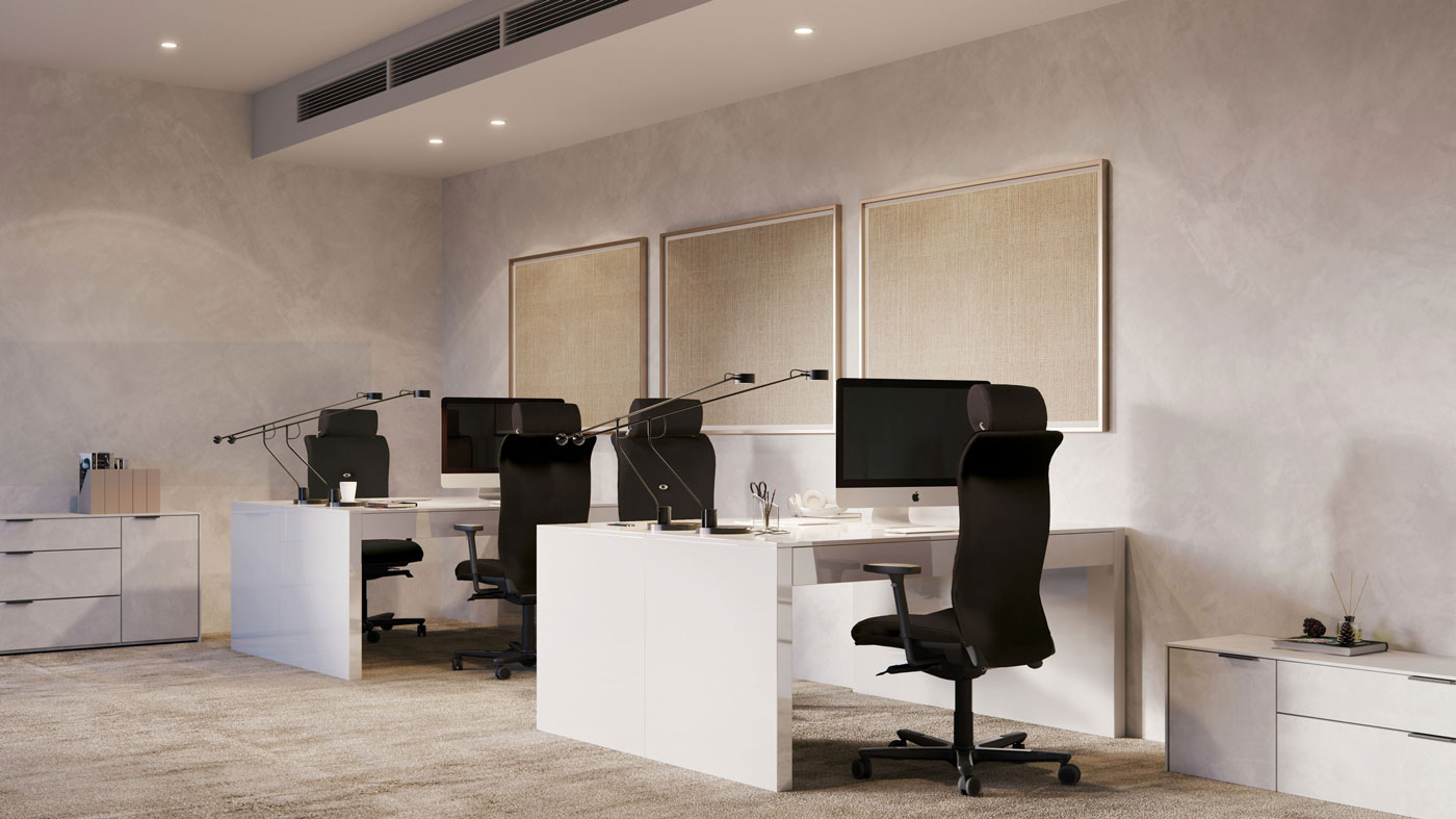 Vue d'un espace de travail design avec des fauteuils de bureau cuir Strong Auguste